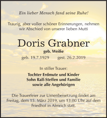 Traueranzeige von Doris Grabner von Mitteldeutsche Zeitung