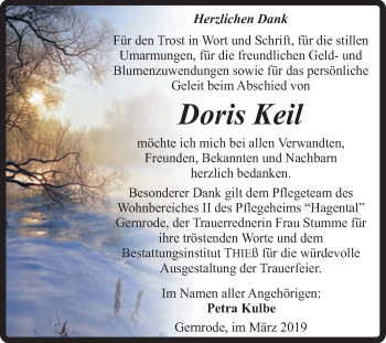 Traueranzeige von Doris Keil von Super Sonntag Quedlinburg