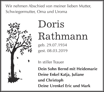Traueranzeige von Doris Rathmann von WVG - Wochenspiegel Wittenberg