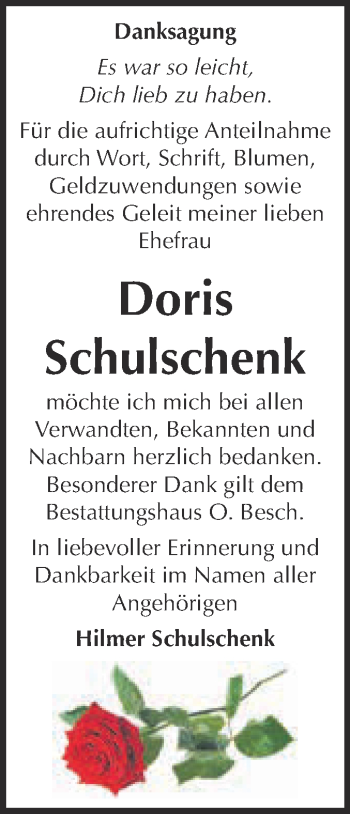 Traueranzeige von Doris Schulschenk von WVG - Wochenspiegel Dessau / Köthen