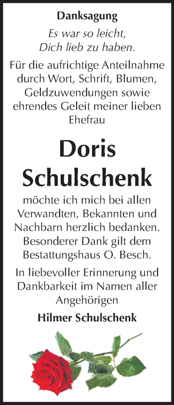 Traueranzeige von Doris Schulschenk von Mitteldeutsche Zeitung Dessau-Roßlau
