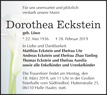 Traueranzeige von Dorothea Eckstein von Mitteldeutsche Zeitung Halle/Saalkreis