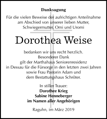 Traueranzeige von Dorothea Weise von Mitteldeutsche Zeitung Bitterfeld