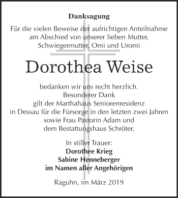 Traueranzeige von Dorothea Weise von WVG - Wochenspiegel Bitterfeld