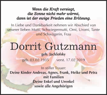 Traueranzeige von Dorrit Gutzmann von WVG - Wochenspiegel NMB / WSF / ZTZ