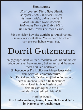 Traueranzeige von Dorrit Gutzmann von Mitteldeutsche Zeitung Weißenfels