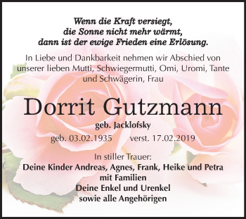 Traueranzeige von Dorrit Gutzmann von Mitteldeutsche Zeitung Weißenfels
