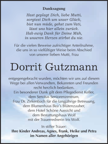 Traueranzeige von Dorrit Gutzmann von WVG - Wochenspiegel NMB / WSF / ZTZ