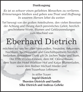 Traueranzeige von Eberhard Dietrich von WVG - Wochenspiegel Dessau / Köthen