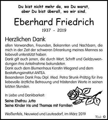 Traueranzeige von Eberhard Friedrich von WVG - Wochenspiegel NMB / WSF / ZTZ