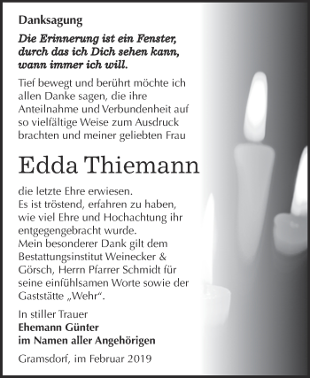 Traueranzeige von Edda Thiemann von Super Sonntag Bernburg