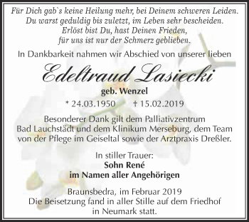 Traueranzeige von Edeltraud Lasiecki von WVG - Wochenspiegel Merseburg