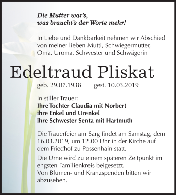 Traueranzeige von Edeltraud Pliskat von Mitteldeutsche Zeitung