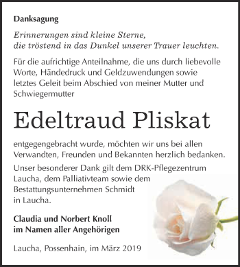 Traueranzeige von Edeltraud Pliskat von WVG - Wochenspiegel NMB / WSF / ZTZ