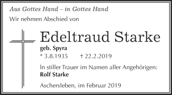 Traueranzeige von Edeltraud Starke von Super Sonntag Aschersleben