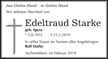 Traueranzeige von Edeltraud Starke von Mitteldeutsche Zeitung Aschersleben