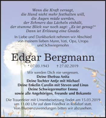 Traueranzeige von Edgar Bergmann von Mitteldeutsche Zeitung Bitterfeld