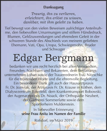 Traueranzeige von Edgar Bergmann von WVG - Wochenspiegel Bitterfeld