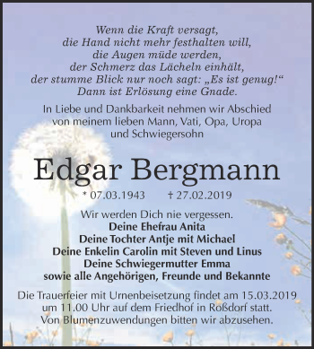 Traueranzeige von Edgar Bergmann von WVG - Wochenspiegel Bitterfeld