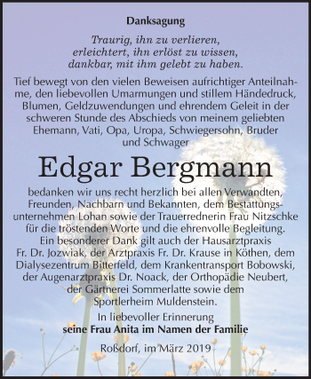 Traueranzeige von Edgar Bergmann von Mitteldeutsche Zeitung