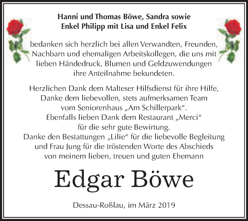  Traueranzeige für Edgar Böwe vom 30.03.2019 aus WVG - Wochenspiegel Dessau / Köthen