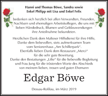 Traueranzeige von Edgar Böwe von WVG - Wochenspiegel Dessau / Köthen