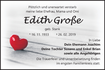 Traueranzeige von Edith Große von Mitteldeutsche Zeitung Bitterfeld