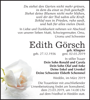 Traueranzeige von Edith Görsch von Mitteldeutsche Zeitung