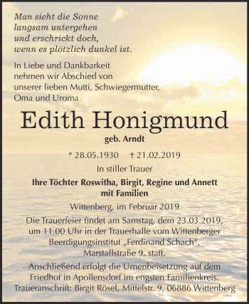 Traueranzeige von Edith Honigmund von WVG - Wochenspiegel Wittenberg
