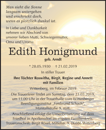Traueranzeige von Edith Honigmund von Mitteldeutsche Zeitung
