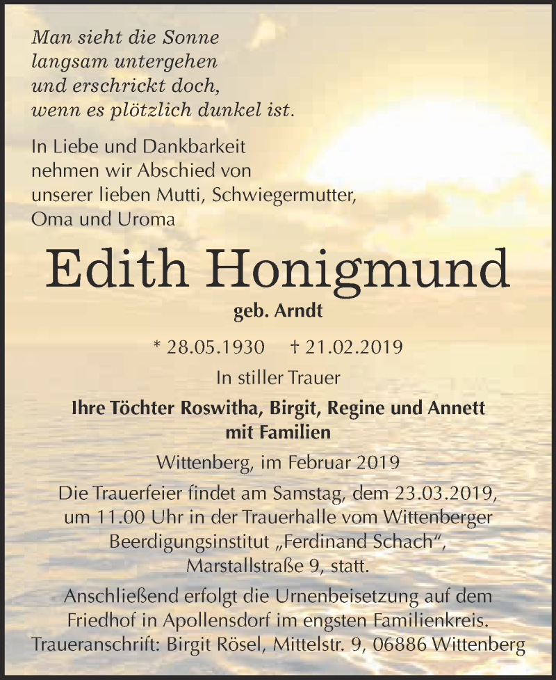  Traueranzeige für Edith Honigmund vom 25.02.2019 aus WVG - Wochenspiegel Wittenberg