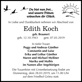 Traueranzeige von Edith Koch von Mitteldeutsche Zeitung Bernburg