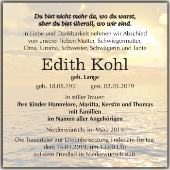 Traueranzeige von Edith Kohl von Mitteldeutsche Zeitung Merseburg/Querfurt