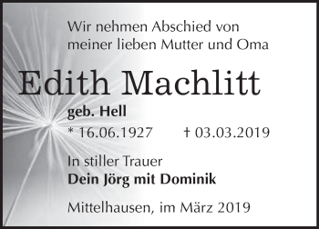Traueranzeige von Edith Machlitt von Super Sonntag SGH Mansf. Land