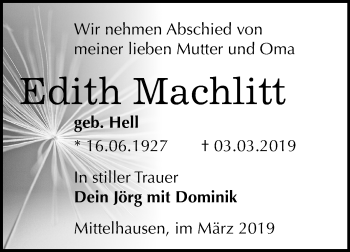 Traueranzeige von Edith Machlitt von Mitteldeutsche Zeitung