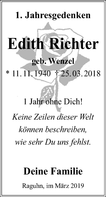 Traueranzeige von Edith Richter von Mitteldeutsche Zeitung Bitterfeld