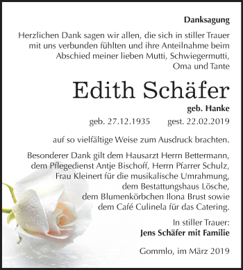 Traueranzeige von Edith Schäfer von Mitteldeutsche Zeitung