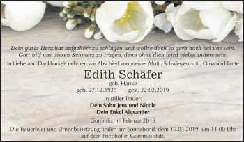 Traueranzeige von Edith Schäfer von WVG - Wochenspiegel Wittenberg
