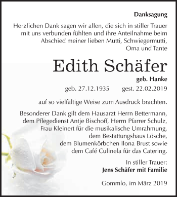Traueranzeige von Edith Schäfer von WVG - Wochenspiegel Wittenberg