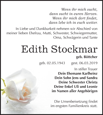 Traueranzeige von Edith Stockmar von Mitteldeutsche Zeitung