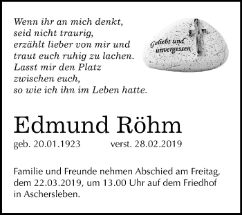 Traueranzeige von Edmund Röhm von Mitteldeutsche Zeitung Aschersleben