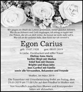 Traueranzeige von Egon Carius von Mitteldeutsche Zeitung Bitterfeld