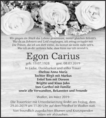 Traueranzeige von Egon Carius von WVG - Wochenspiegel Bitterfeld
