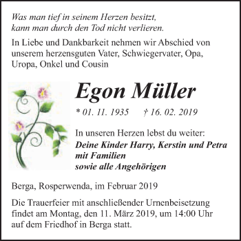 Traueranzeige von Egon Müller von WVG - Wochenspiegel SGH