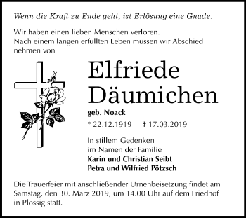 Traueranzeige von Elfriede Däumichen von Mitteldeutsche Zeitung