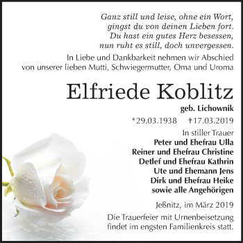 Traueranzeige von Elfriede Koblitz von Mitteldeutsche Zeitung Bitterfeld