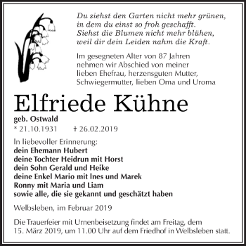 Traueranzeige von Elfriede Kühne von Wochenspiegel Mansfelder Land