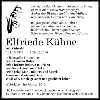Traueranzeige von Elfriede Kühne von Mitteldeutsche Zeitung Mansfelder Land
