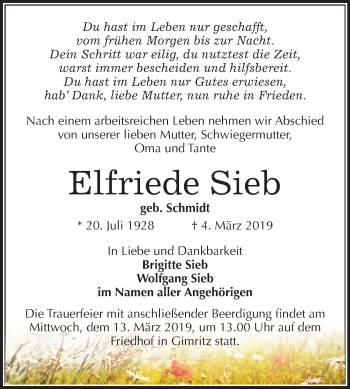 Traueranzeige von Elfriede Sieb von Mitteldeutsche Zeitung