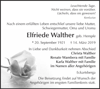 Traueranzeige von Elfriede Walther von WVG - Wochenspiegel NMB / WSF / ZTZ